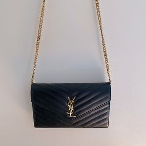 YSL black Large Monogram Quilted Leather Wallet on a Chain